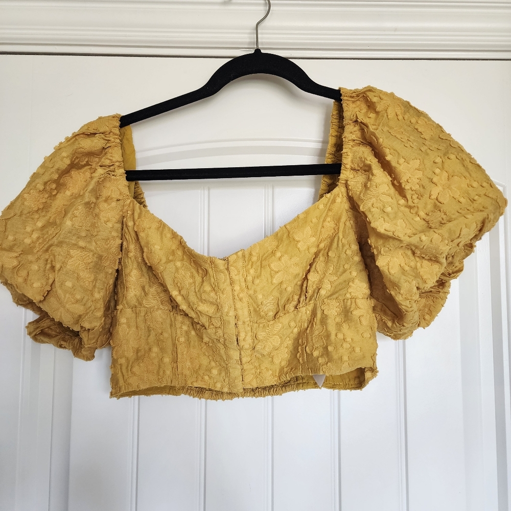 Anthropologie Floral Puff Sleeve Top Yellow Size